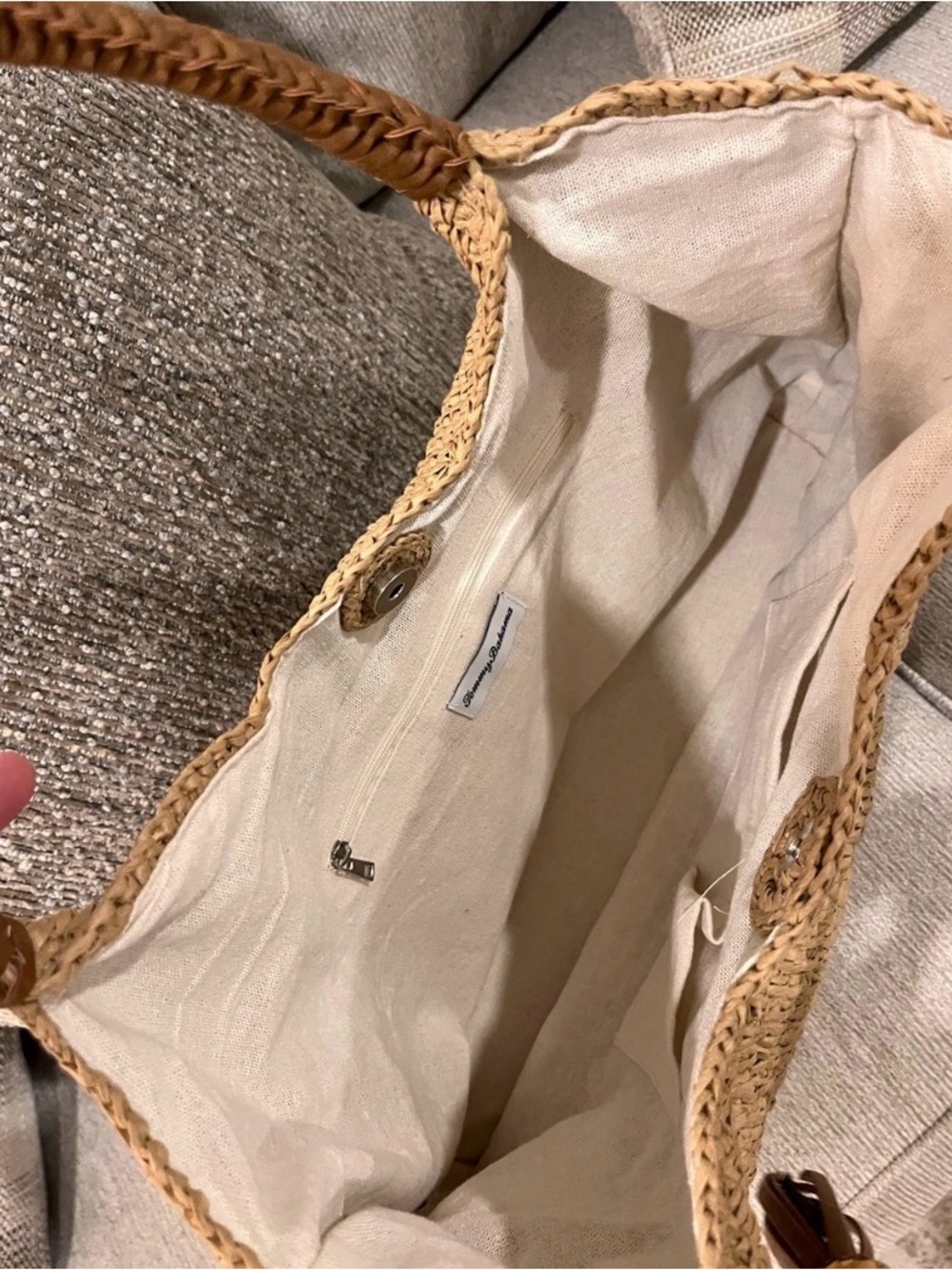Tommy Bahama Tan Woven Tote with Brown Leather Handles and Tassel - Picture 2 of 4